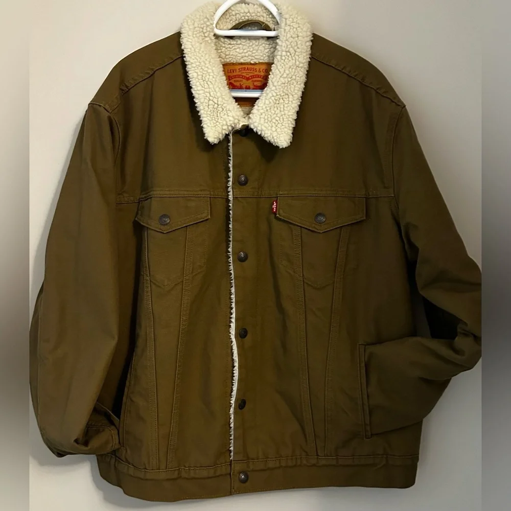 Levi's Classic Khaki Tan Brown Sherpa-Lined Trucker Jacket Men’s XL - Picture 6 of 9